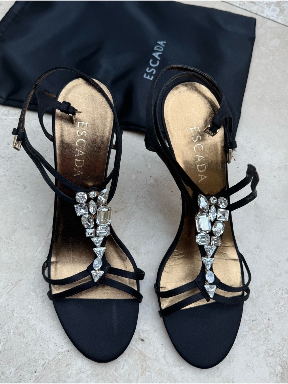 Escada Black Strappy Heels with Crystal Accents